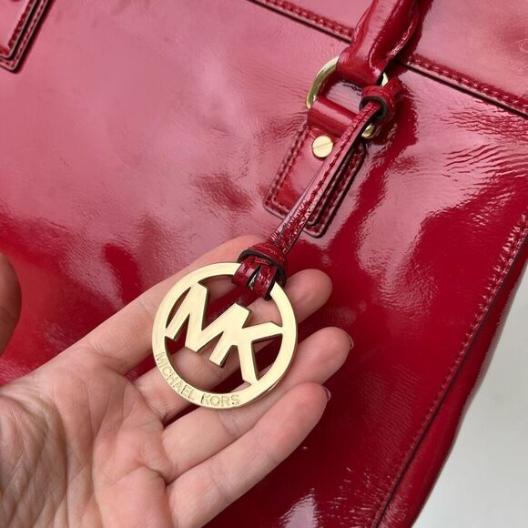 Michael Kors Red Patent Satchel Gold HW, Flip-Lock, MK Charm, 13" - Picture 5 of 10